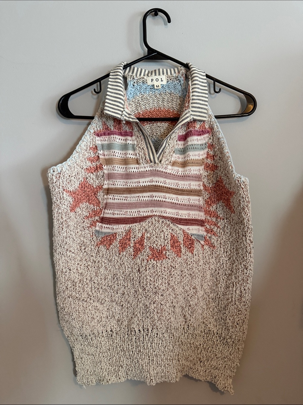 POL Sleeveless V-Neck Knit Vest in Cream with Rust Accents